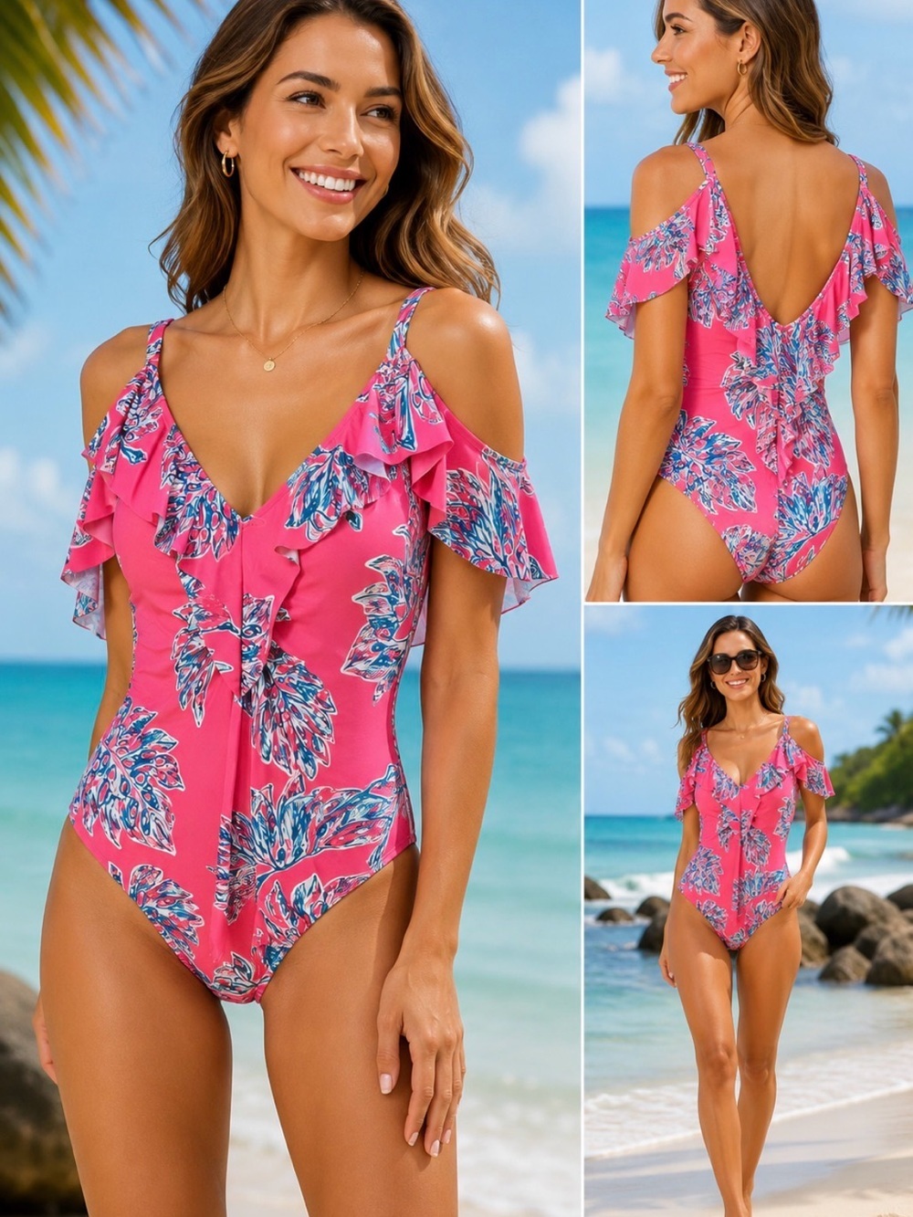 Nicole Miller Pink and Blue Leaf Print One Piece Swimsuit, NWT, M